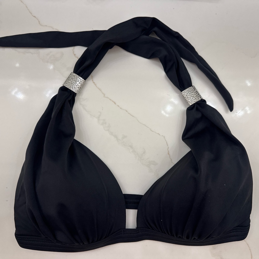 NWOT VENUS Black Halter Bikini Top with Silver Accent Rings
